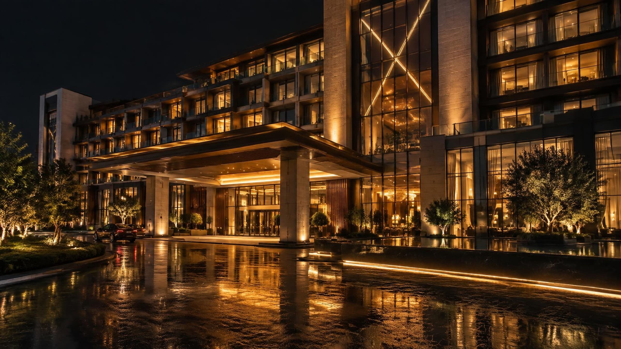 Modern hotel façade with warmly illuminated rooms at night