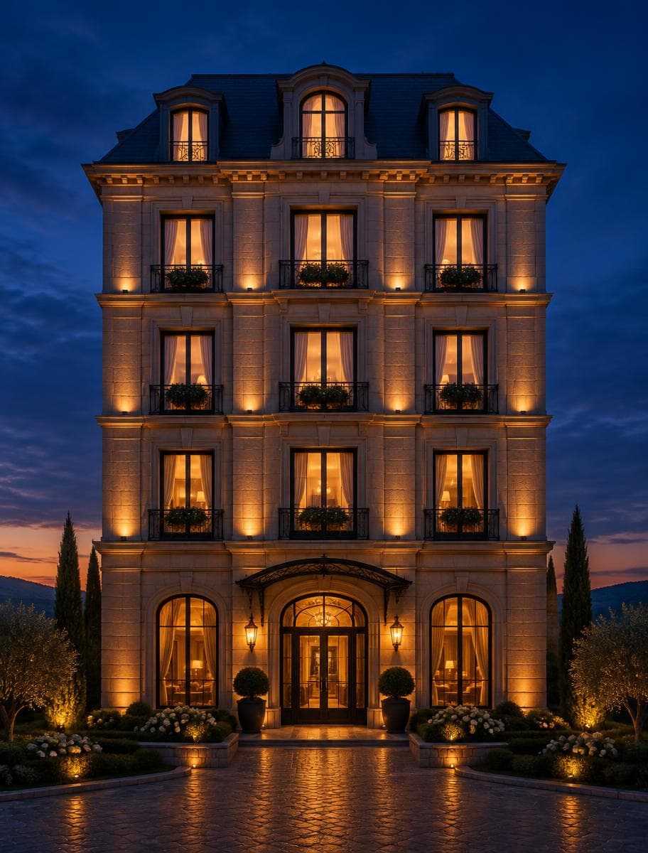 Boutique hotel at dusk