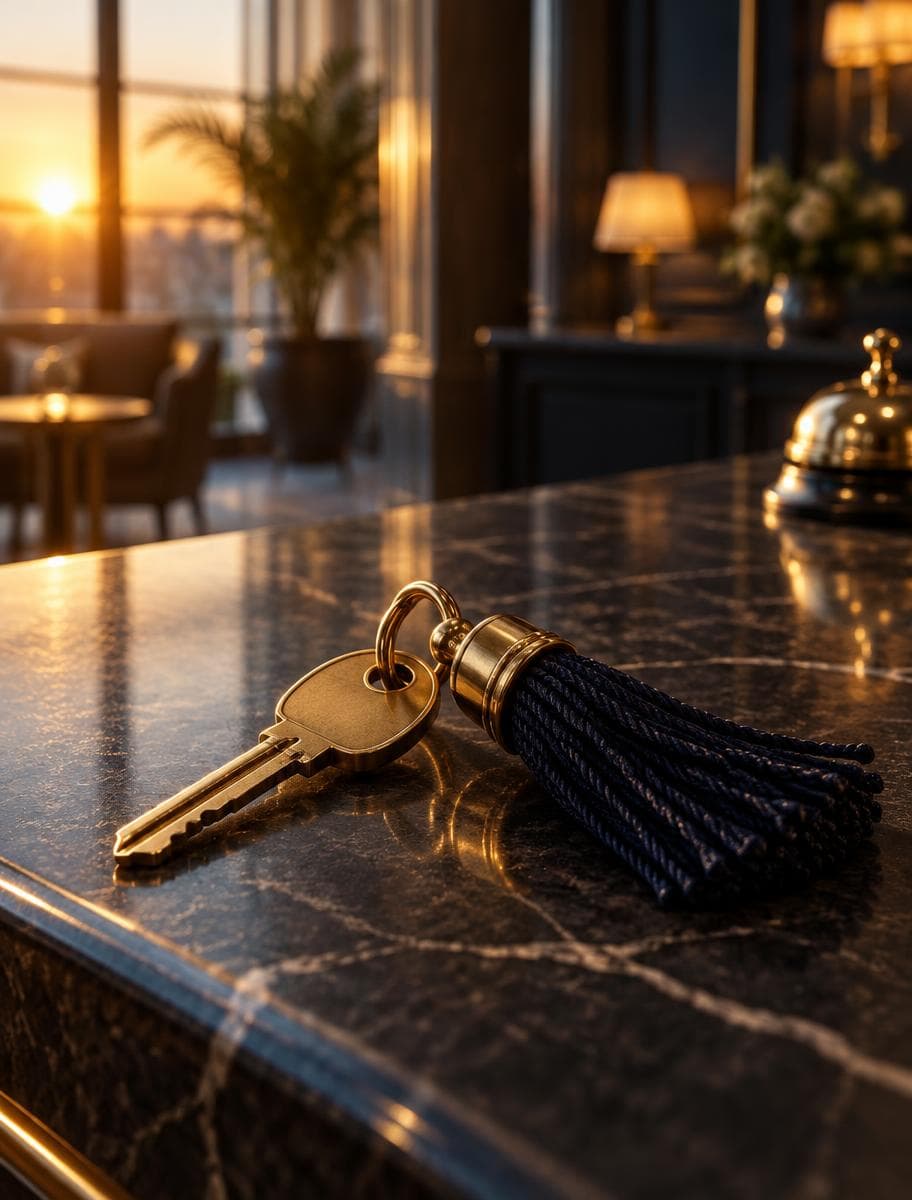 Brass hotel key with a tassel on marble in sunrise light