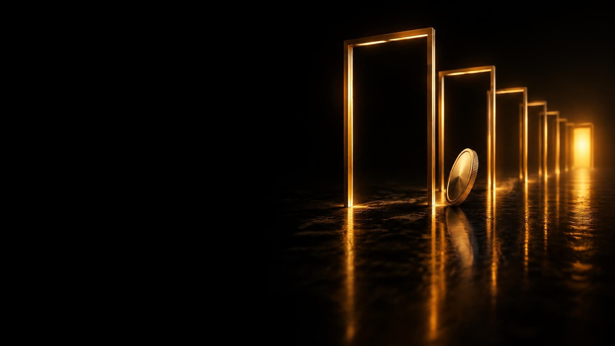 Gold coin passing through six illuminated gold portal frames