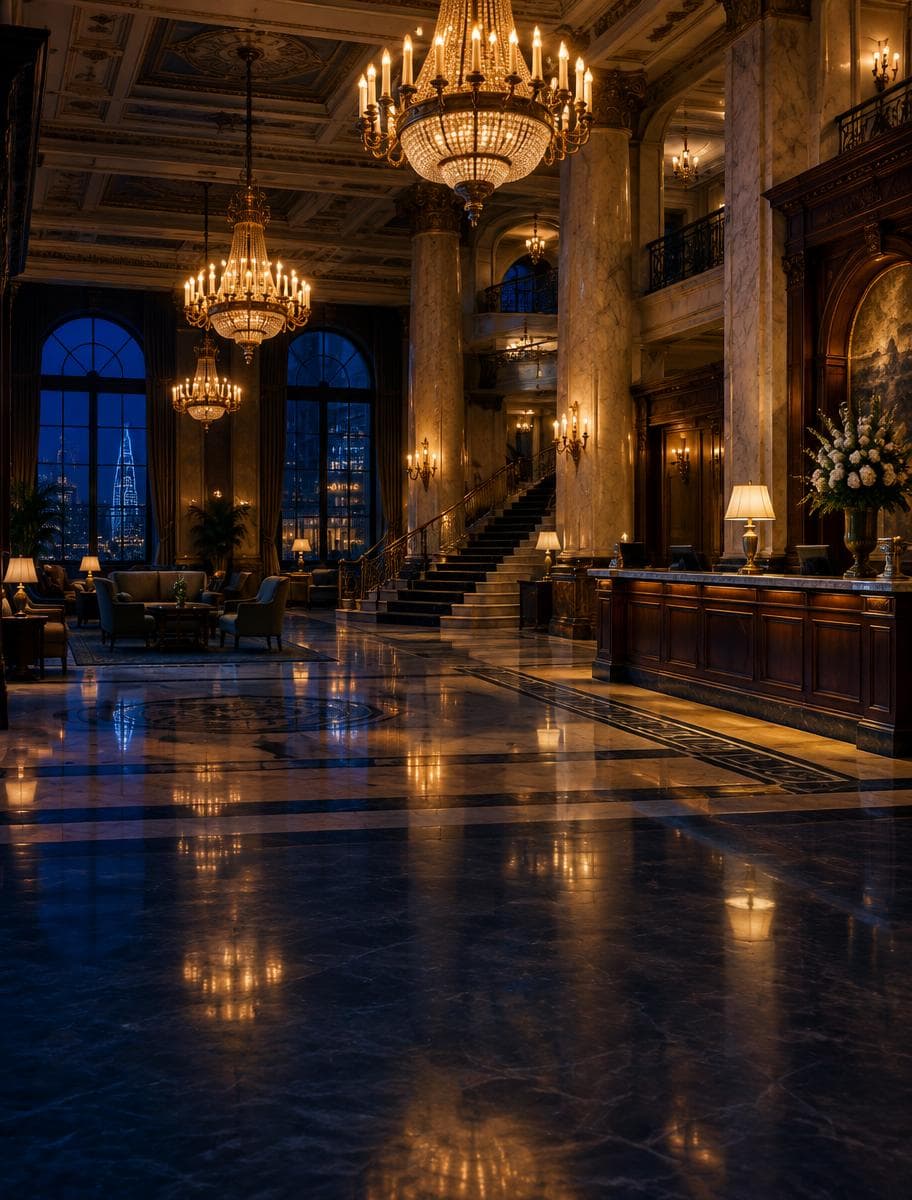 An illuminated hotel lobby with chandeliers
