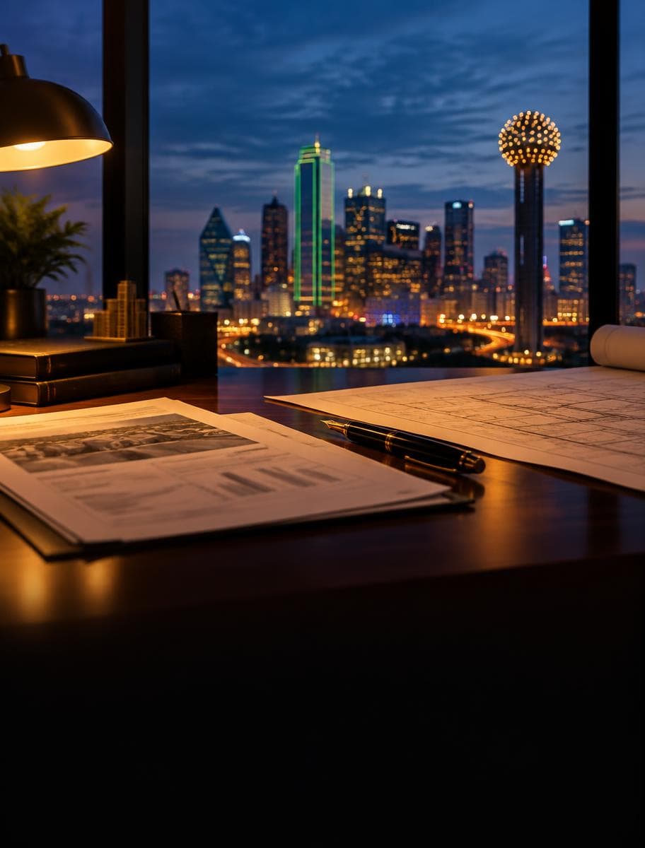 Property plans on a desk overlooking the Dallas skyline