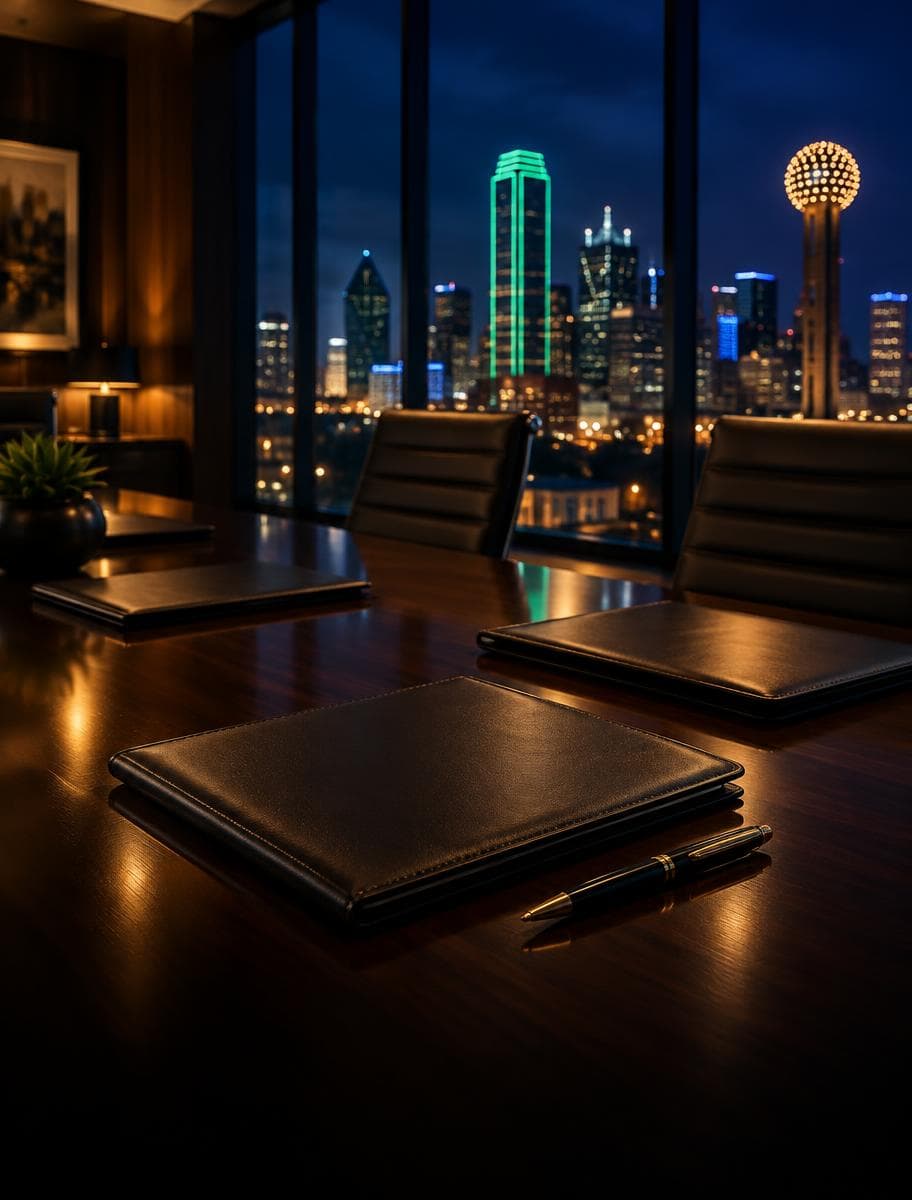 A boardroom overlooking the Dallas skyline at night