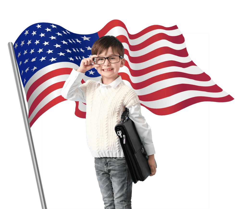 Happy boy with spects and US flag