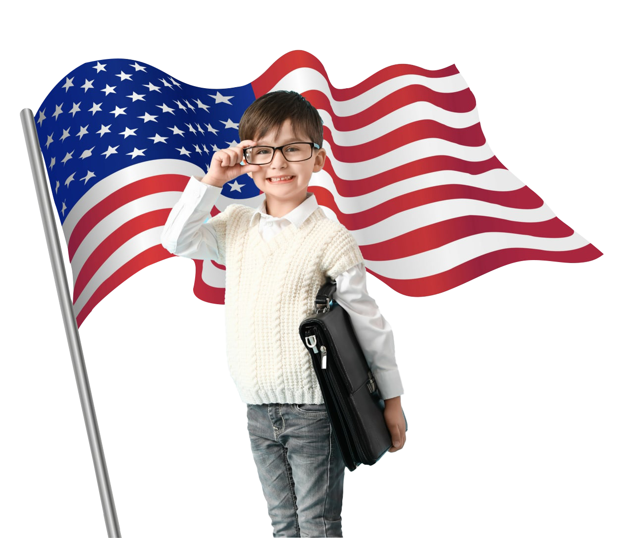 Happy boy with spects and US flag